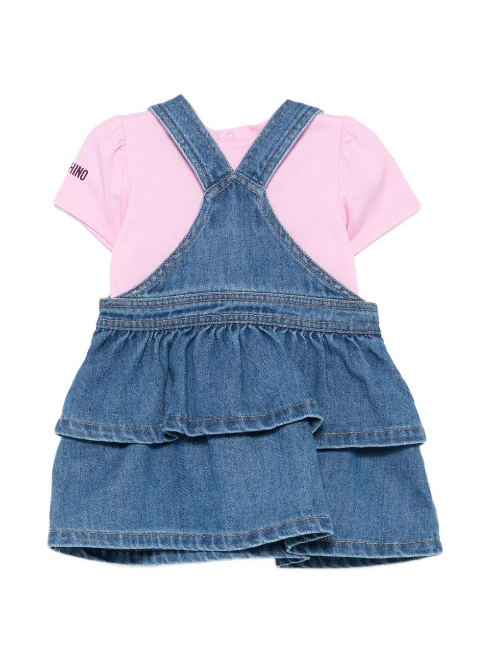 Set t-shirt e salopette per neonata Moschino Kids multicolore con Teddy ricamato sul davanti MDG01QL0E34 40646 MOSCHINO KIDS