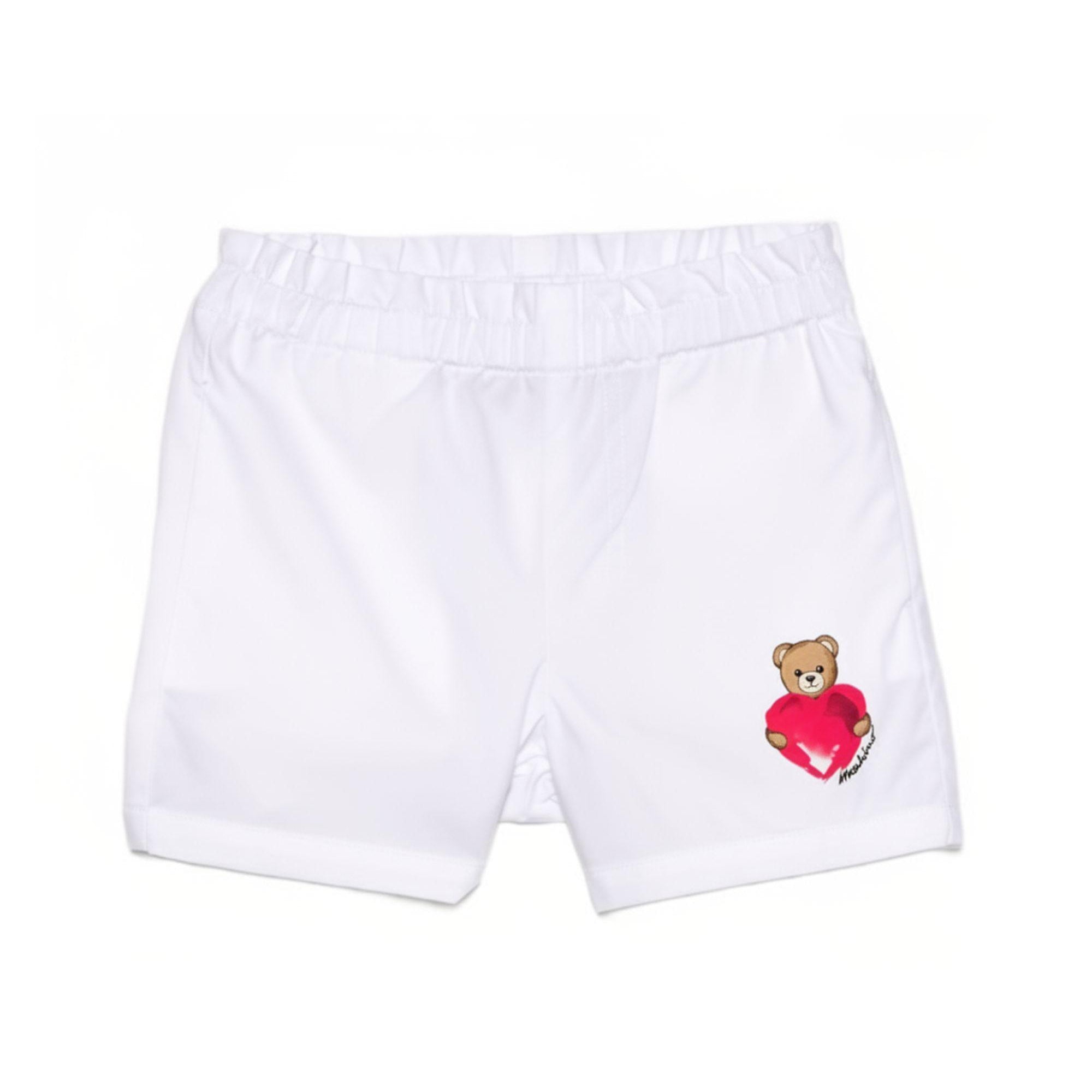 Shorts per neonata Moschino Kids bianchi con stampa Teddy Bear sul davanti MDQ00FLLA10 10101 MOSCHINO KIDS