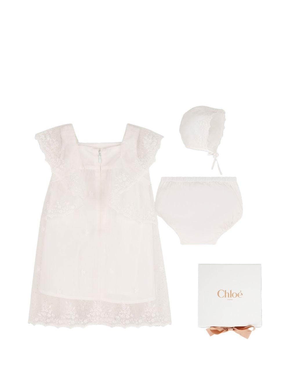 Set abito, coulotte e capellino per neonata Chloé Kids bianco con finiture in pizzo C20935 117 CHLOE' KIDS