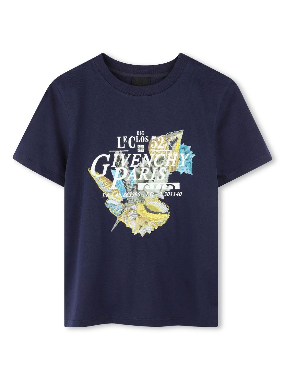 T-shirt per bambino Givenchy Kids blu con stampa conchiglie H30726 85T GIVENCHY KIDS