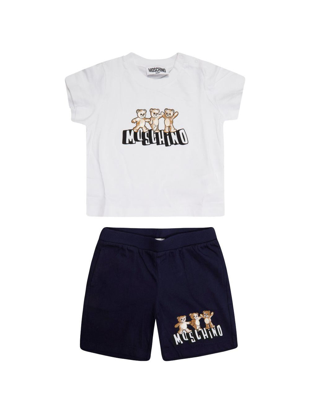 Set t-shirt e shorts per neonato Moschino Kids bianco e nero con stampa Teddy MXG00MLAA17 83240 MOSCHINO KIDS