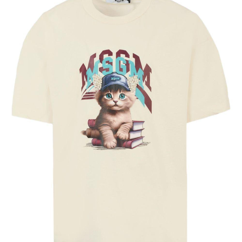 T-shirt per bambino MSGM Kids beige con stampa grafica gatto F5MSJGTH120 013 MSGM KIDS
