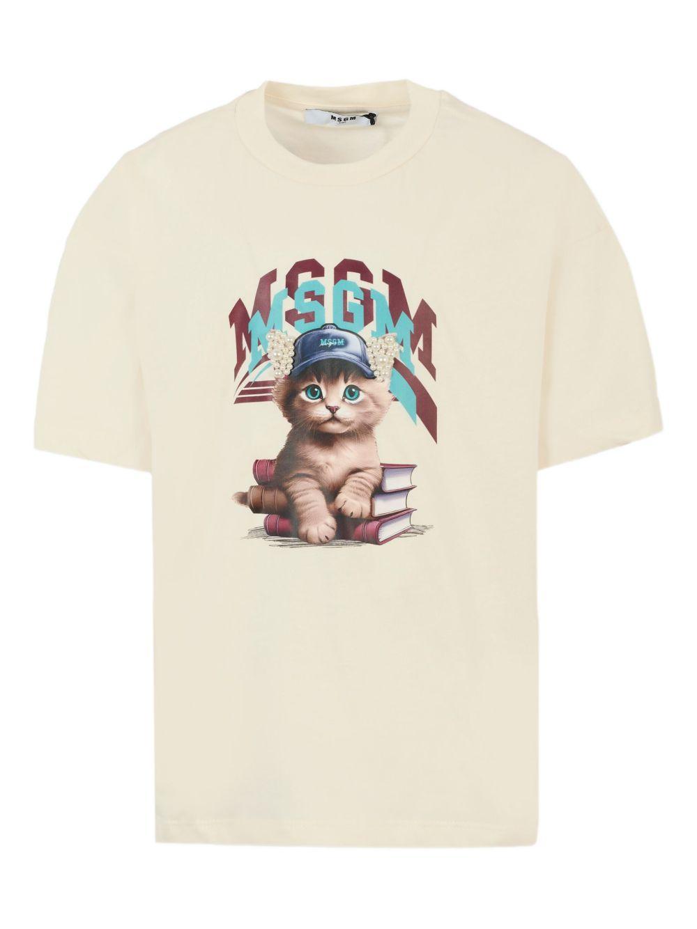 T-shirt per bambino MSGM Kids beige con stampa grafica gatto F5MSJGTH120 013 MSGM KIDS