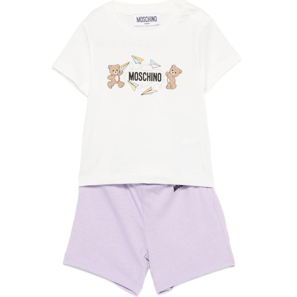 Set t-shirt e shorts per neonata Moschino Kids bianco e lilla con stampa M5G00MLAA01 83695 MOSCHINO KIDS