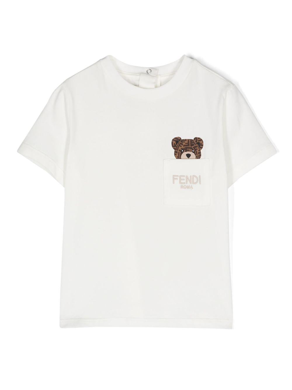 T-shirt per neonati Fendi Kids bianca con stampa orso sul davanti BUI083 ST8 F0TU9 FENDI KIDS