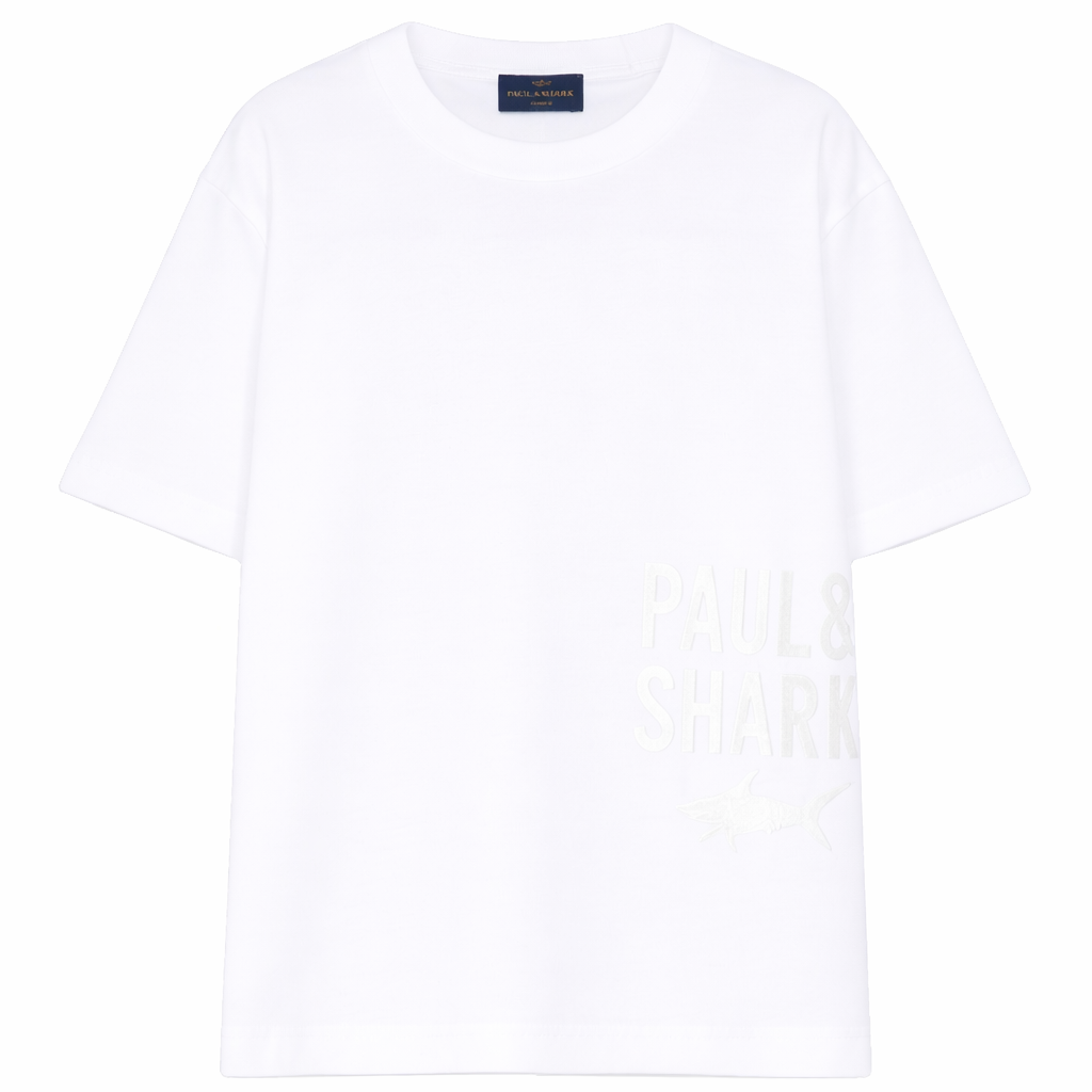 T-shirt per bambino Paul & Shark Kids bianca con logo sul davanti WUM006LAA53 10101 PAUL & SHARK KIDS
