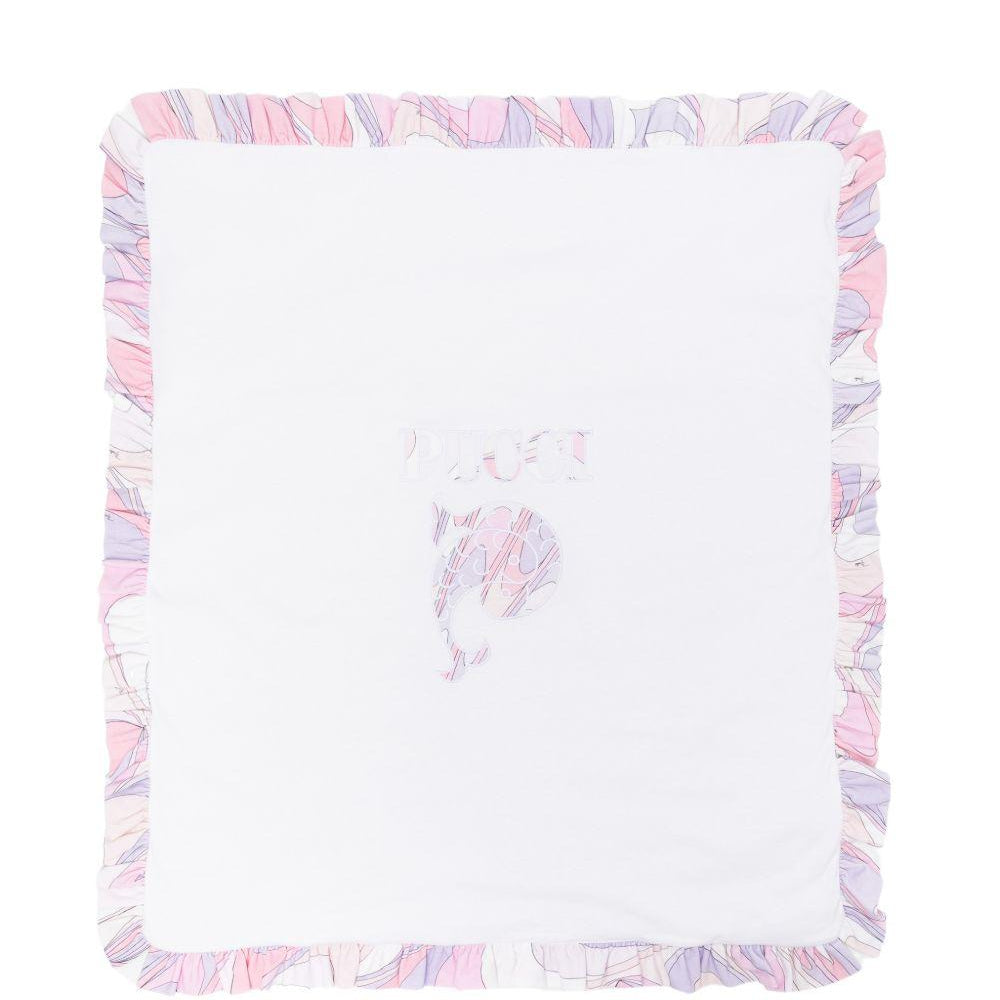 Coperta per neonata Emilio Pucci Junior bianca con rifinitura con ruches PY0030 Z3672 102RS EMILIO PUCCI KIDS