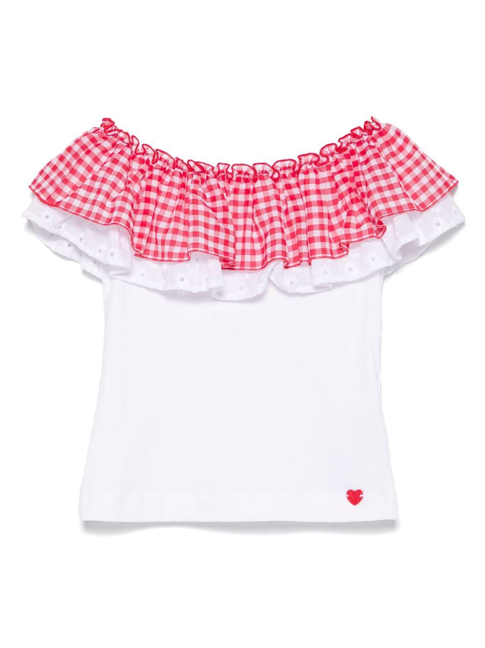 Top per bambina Monnalisa bianco con ruches e design con spalle scoperte 11E627 5202 9944 MONNALISA