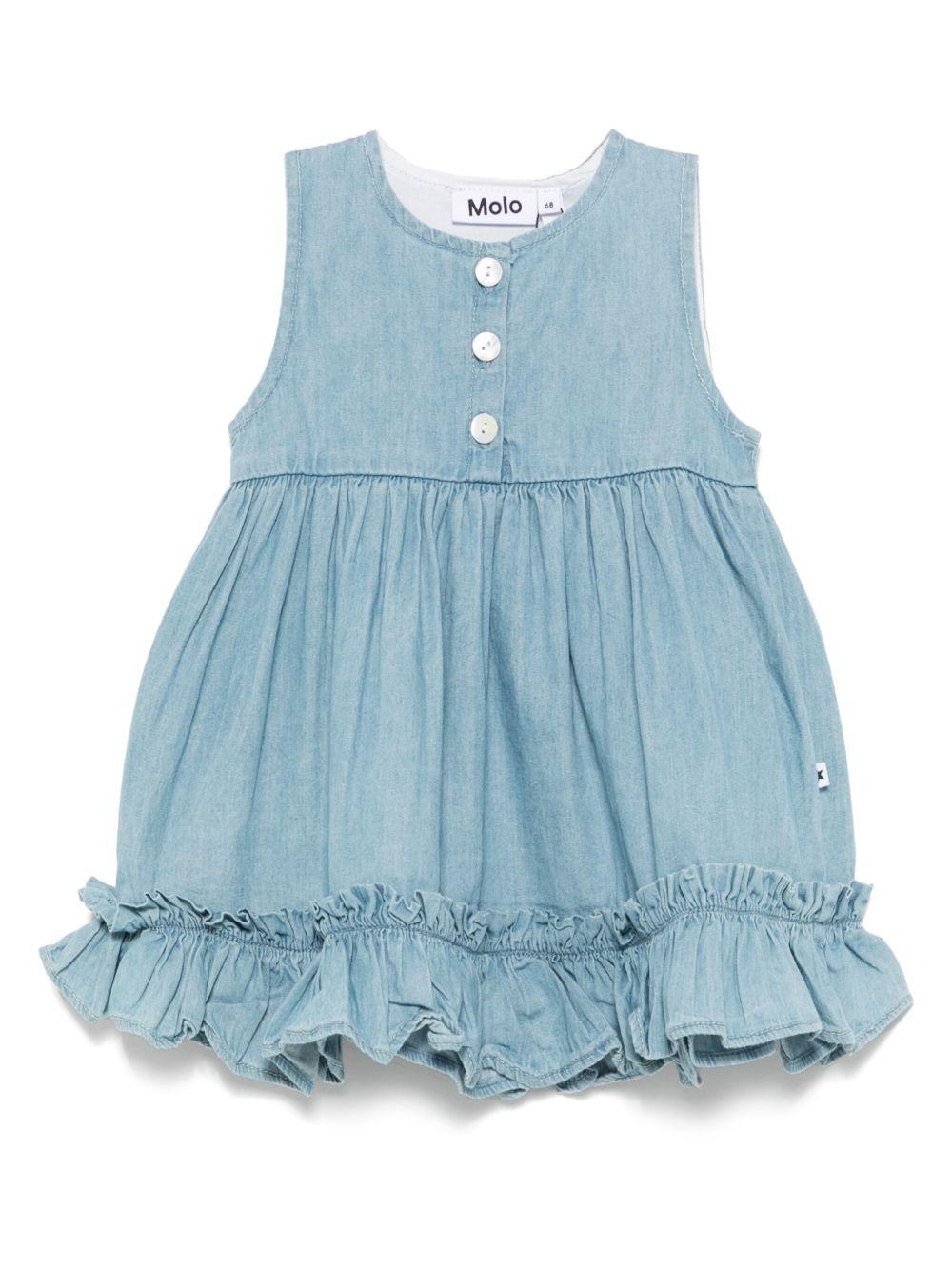 Abito per neonata Molo azzurro con chiusura posteriore con bottone e dettaglio con ruches 4S25E106 5483 MOLO KIDS
