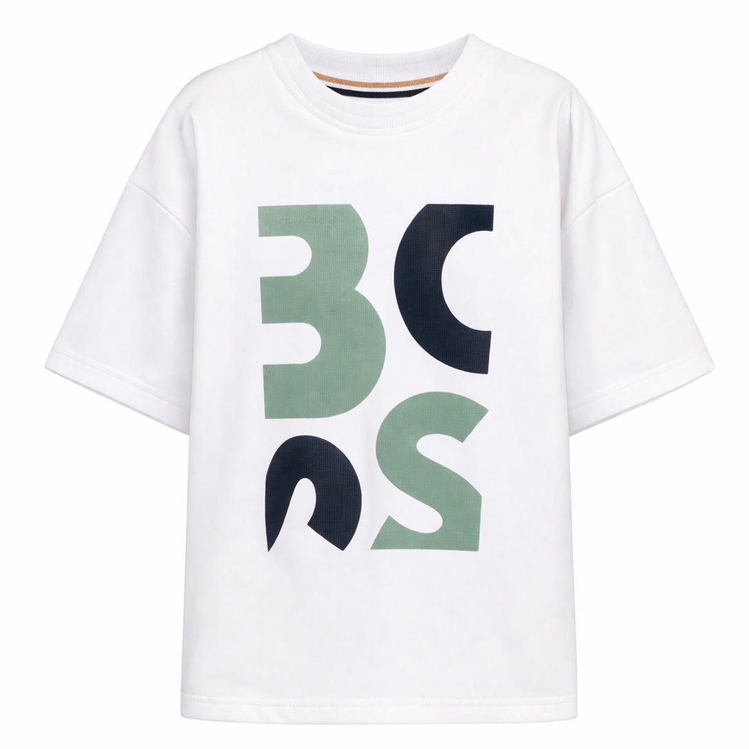 T-shirt per bambino Boss Kidswear bianco con stampa grafica sul davanti J52990 10P BOSS KIDS
