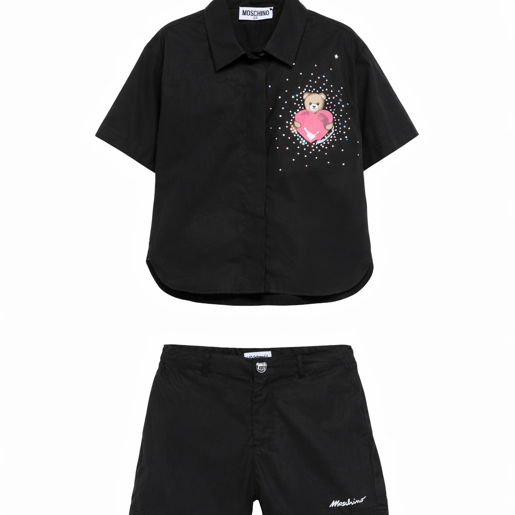 Set camicia e shorts per bambina Moschino Kids nero con motivo Teddy Bear HDG01LLLA10 60100 MOSCHINO KIDS