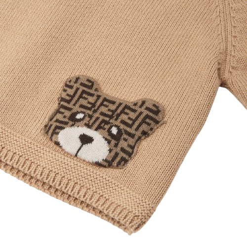 Maglione per neonati Fendi Kids beige con ricamo orsetto sul davanti con logo FF BUG211 AVVZ F0QU5 FENDI KIDS