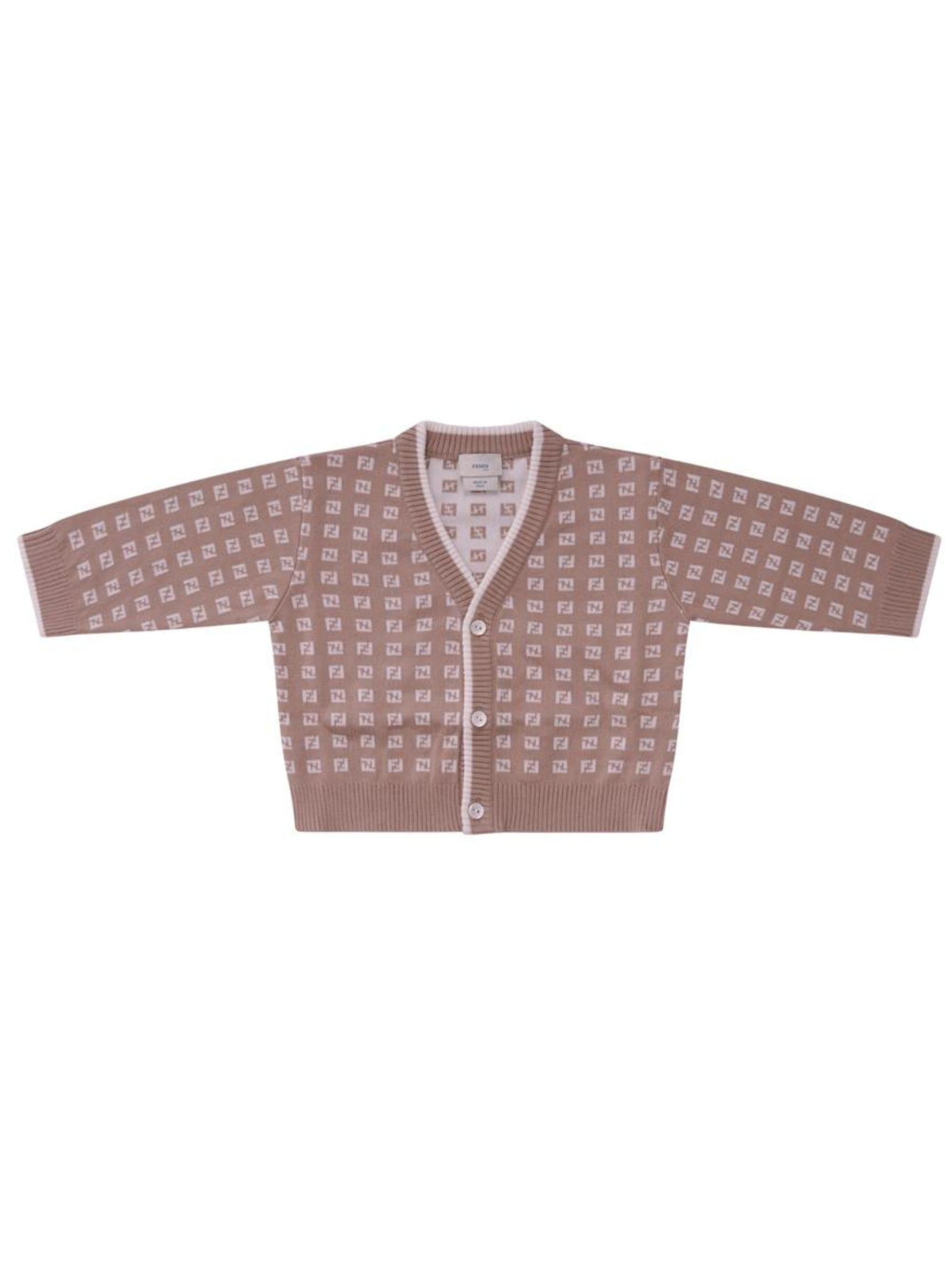 Cardigan per neonato Fendi Kids beige con logo FF all-over BUG213 AYMY F1UCS FENDI KIDS
