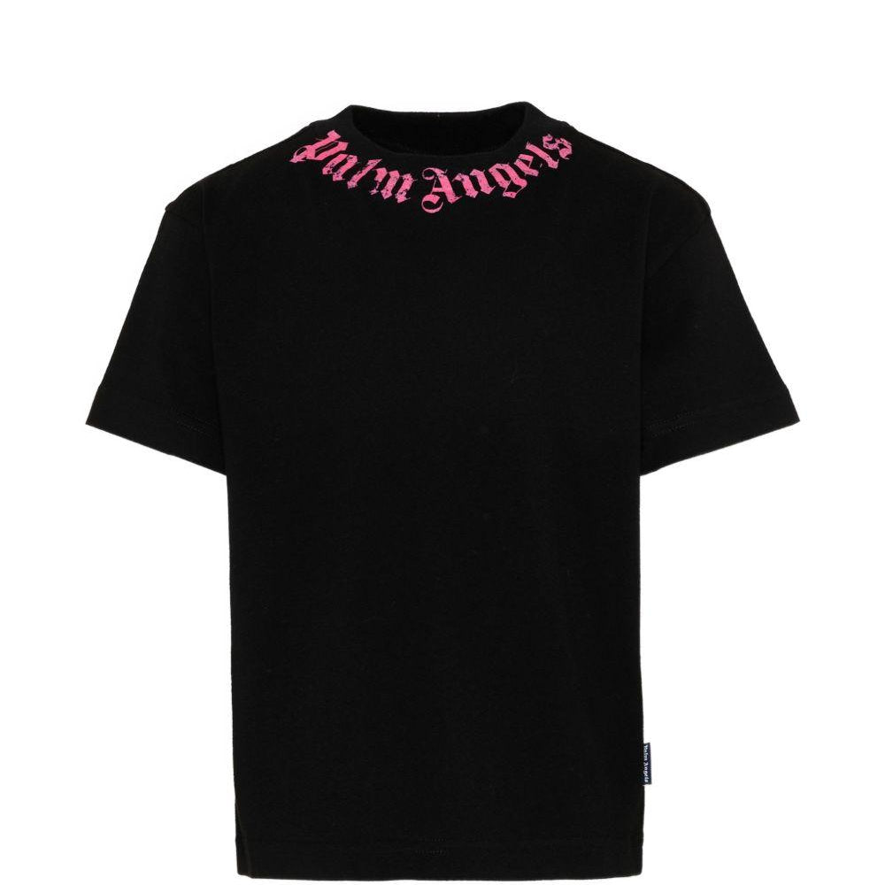 T-shirt per bambina Palm Angels Kids nera con logo fucsia sul davanti PGAA002S26JER005 110 PALM ANGELS KIDS