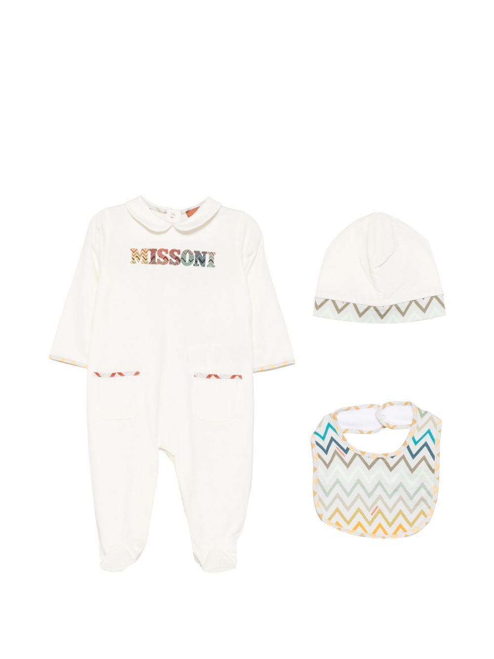 Set tutina, bavaglino e berretto per neonati Missoni Kids bianco con dettagli a zigzag MZB300 Z3672 102 MISSONI KIDS