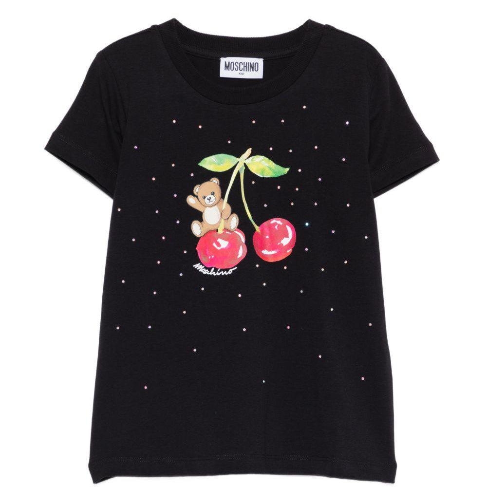 T-shirt per bambina Moschino Kids nera con stampa ciliegie HFM06KLBA10 60100 MOSCHINO KIDS