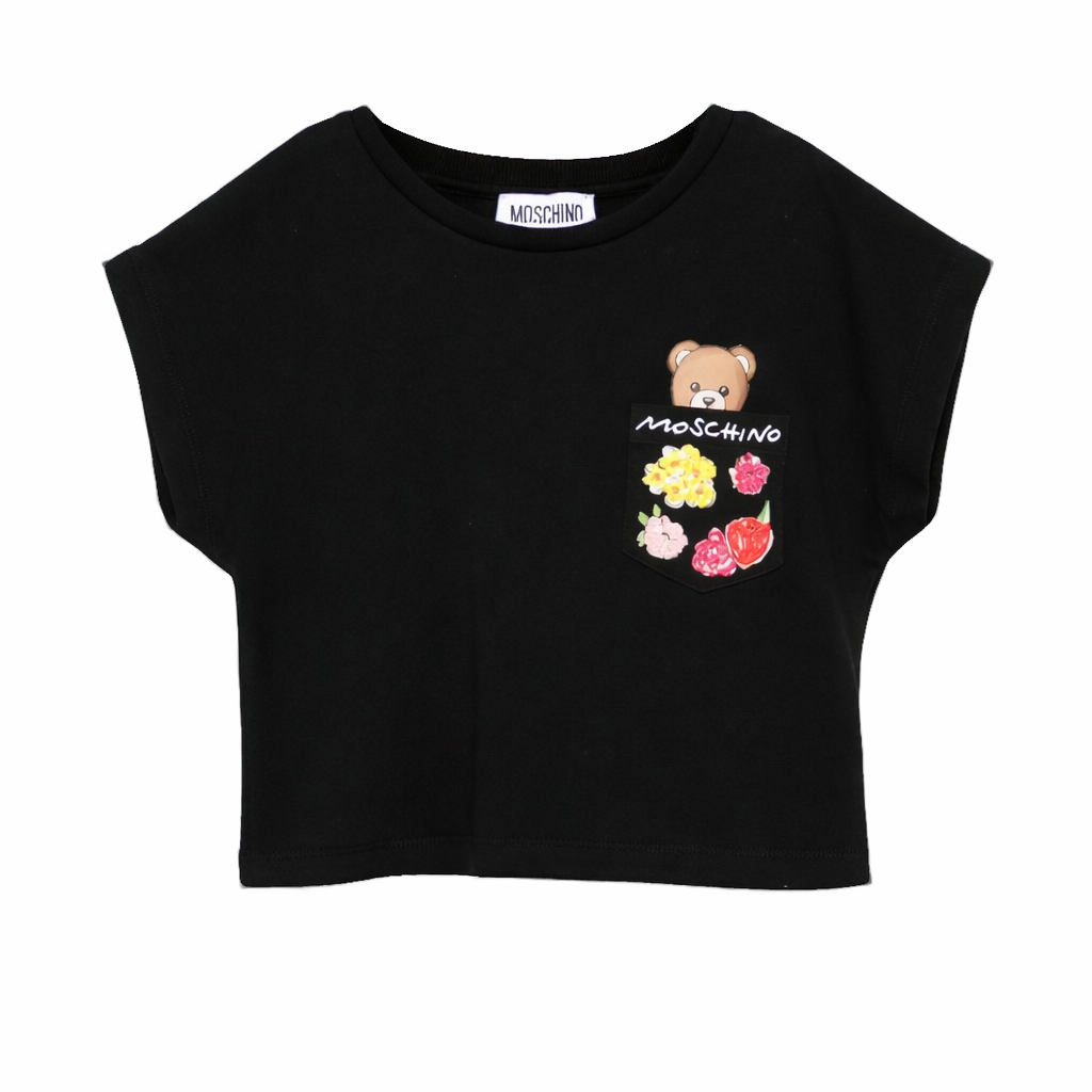 T-shirt per bambina Moschino Kids nera con stampa Teddy Bear HDM06XLFA06 60100 MOSCHINO KIDS