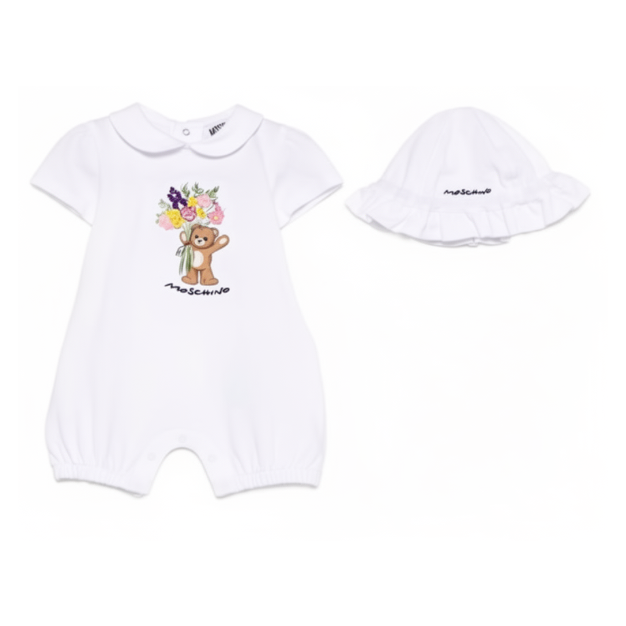 Tutina e cappellino per neonata Moschino Kids bianchi con stampa Bear MDY01BLFA06 10101 MOSCHINO KIDS