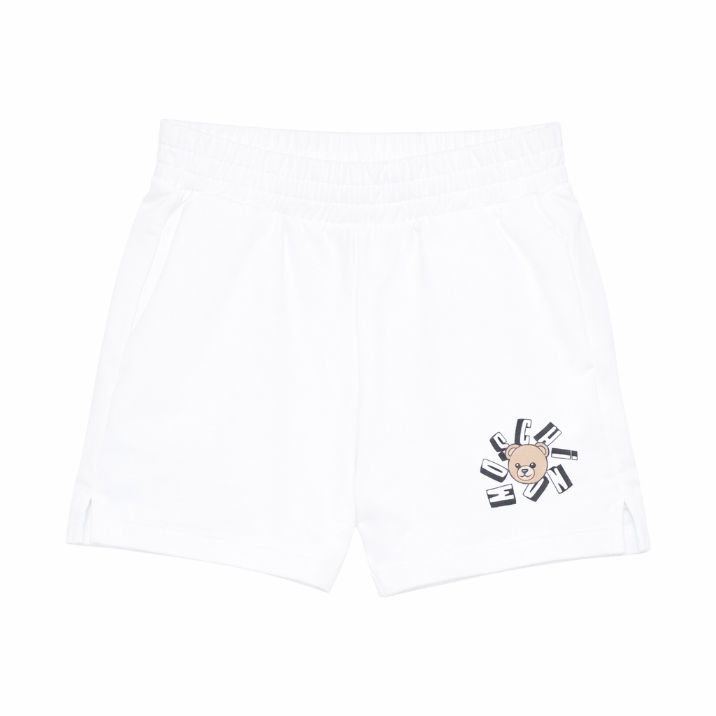 Shorts per bambini Moschino Kids bianchi con stampa Teddy Bear HDQ025LCA19 10101 MOSCHINO KIDS