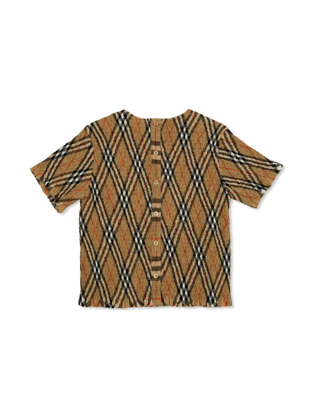 T-shirt per bambina Burberry Kids marrone a quadri con ruches 8100073 B9368 BURBERRY KIDS