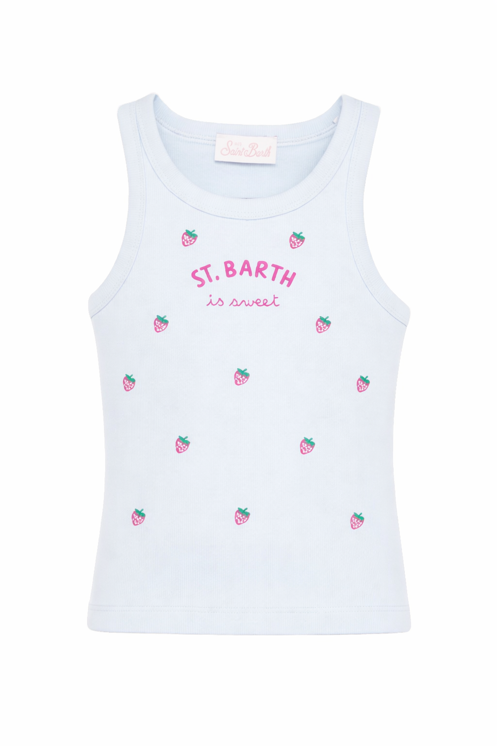 Canotta per bambina MC2 Saint Barth Kids azzurra con fragole ricamate all-over BLUE002 02269L MC2 ST. BARTH KIDS