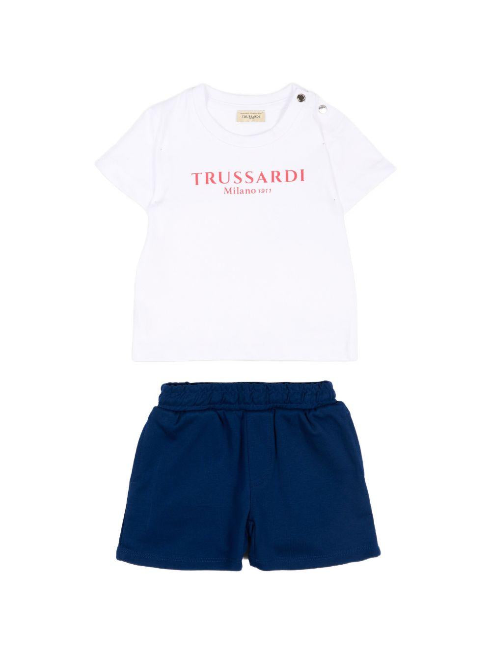 Set t-shirt e shorts per neonato Trussardi Junior bianco e blu con logo sul davanti TIP26008CJ WHITE/BL.E TRUSSARDI KIDS