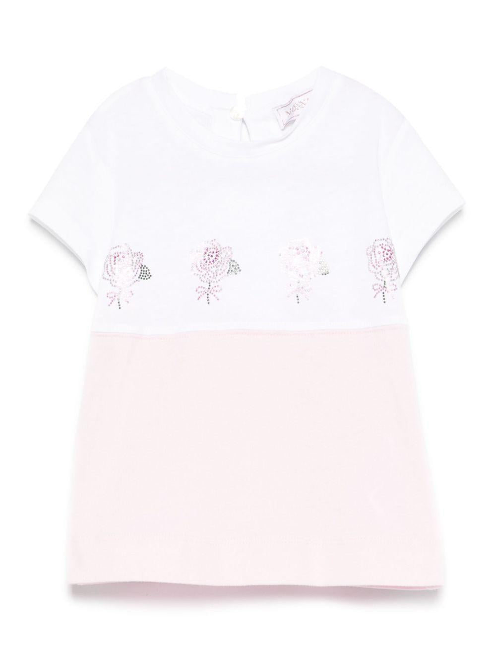 T-shirt per neonata Monnalisa bianco e rosa con strass 39E600 5002 9990 MONNALISA