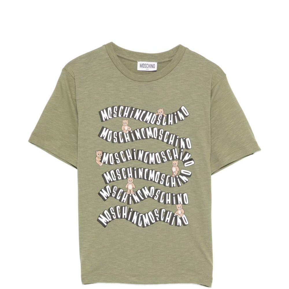 T-shirt per bambini Moschino Kids verde con stampa logo ondulata HXM05GLAA52 30037 MOSCHINO KIDS
