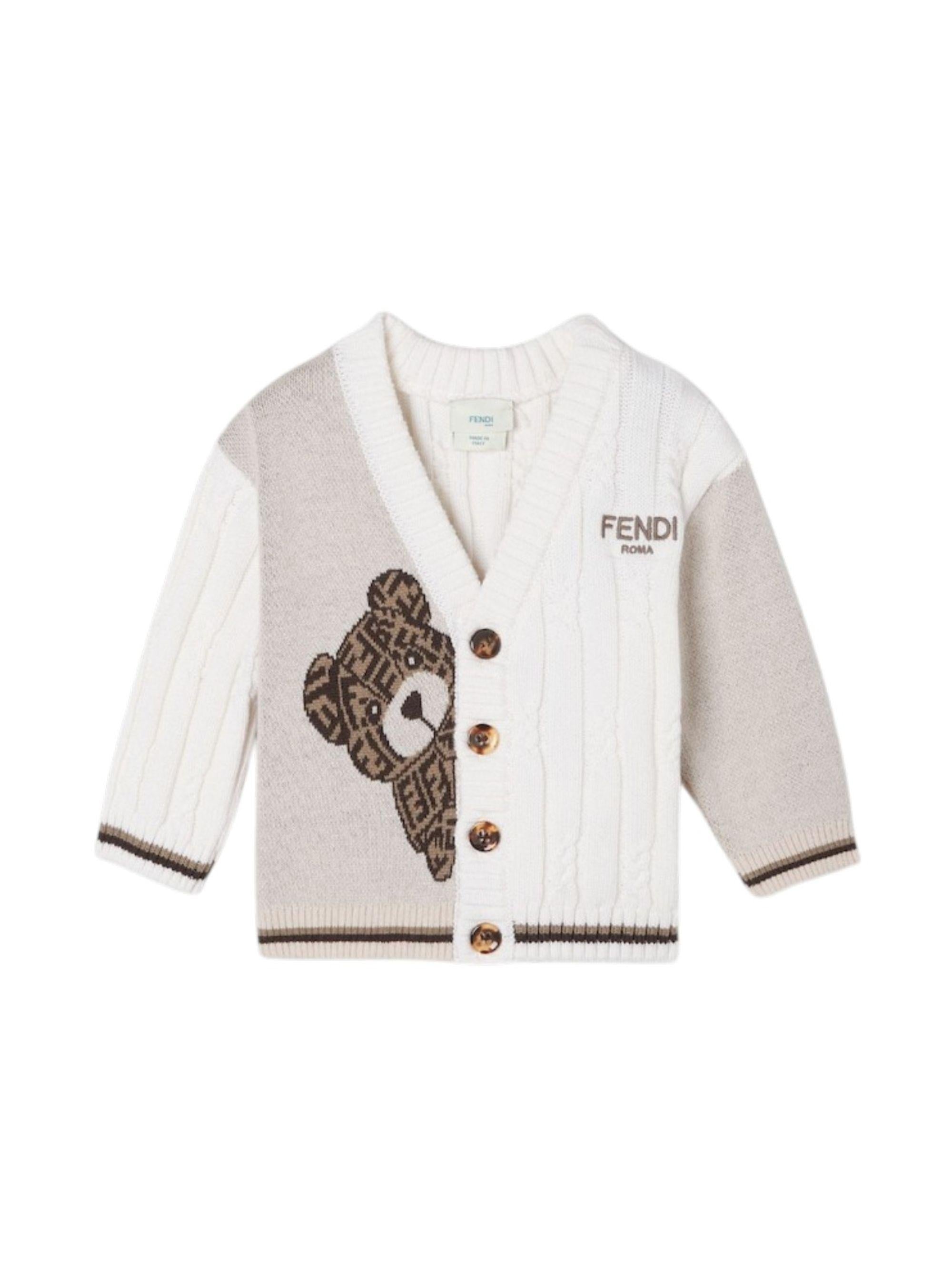 Cardigan per neonati Fendi Kids beige con ricamo orsetto BUG208 AVVX F1UCS FENDI KIDS