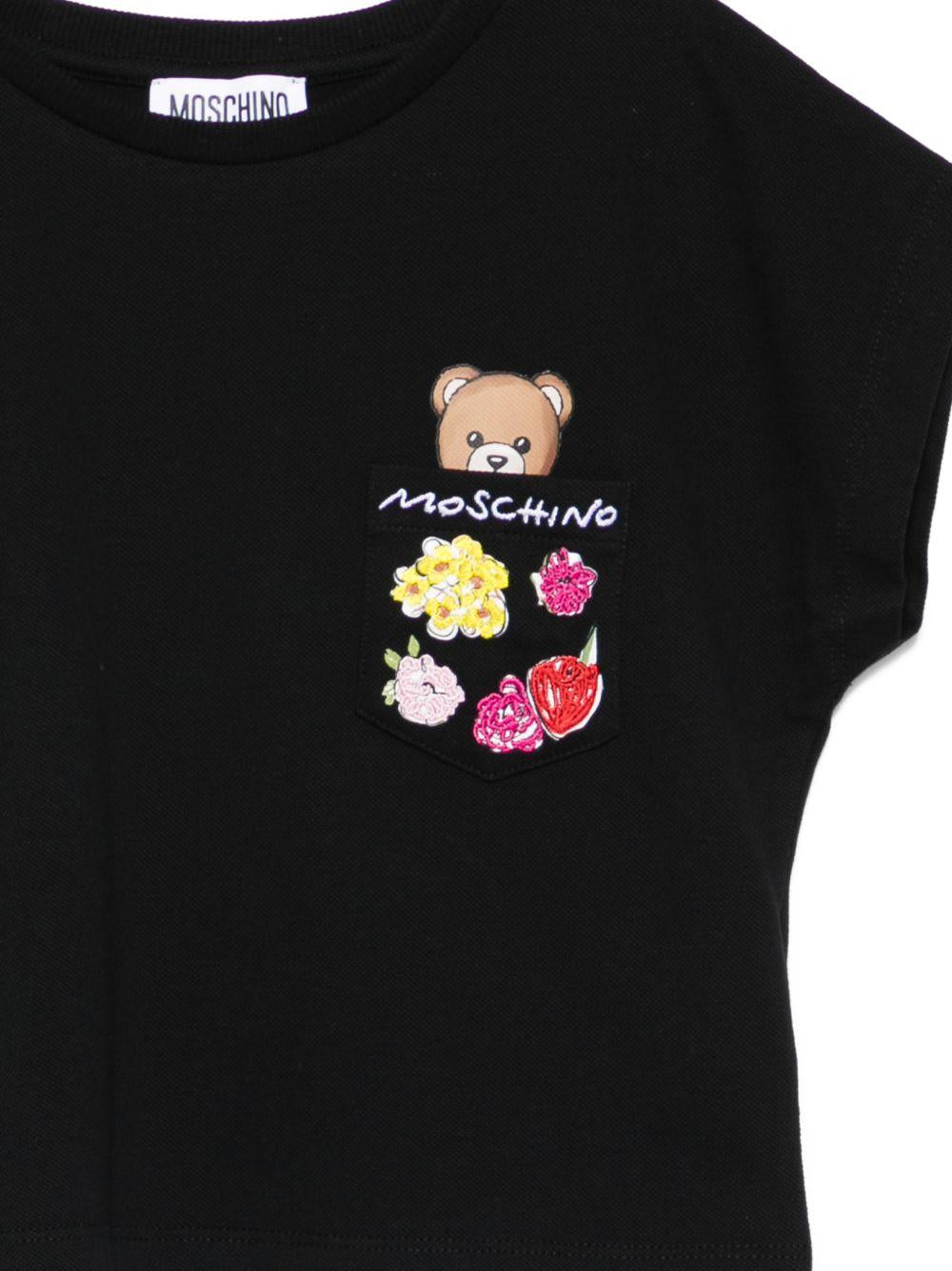T-shirt per bambina Moschino Kids nera con stampa Teddy Bear HDM06XLFA06 60100 MOSCHINO KIDS