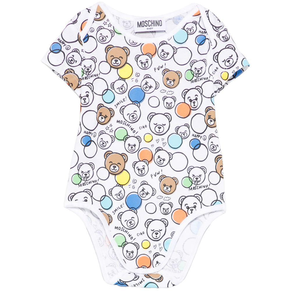 Body per neonato Moschino Kids bianco con stampa all-over MUT04JLAB5A 83680 MOSCHINO KIDS