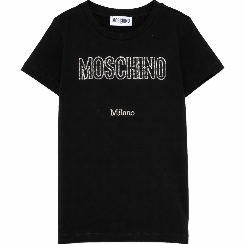 T-shirt per bambina Moschino Kids nera con logo in strass HHM06KLBA10 60100 MOSCHINO KIDS