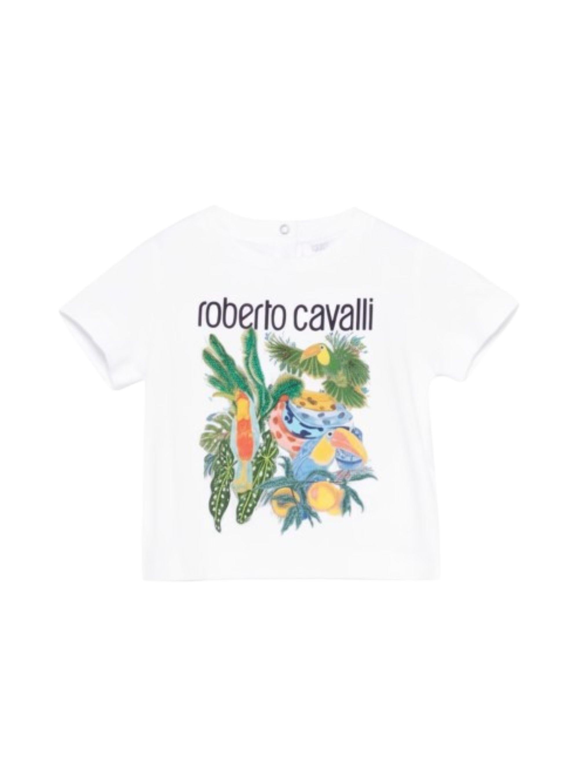 T-shirt per neonato Roberto Cavalli Kids bianca con stampa grafica tropicale CIP26083TS WHITE ROBERTO CAVALLI KIDS