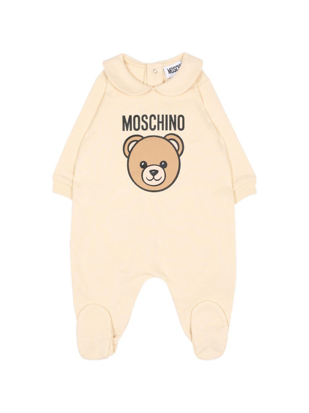 Set tutina, berretto e bavaglino per neonati Moschino Kids beige con stampa Teddy Bear MUY09PLCA40 20404 MOSCHINO KIDS
