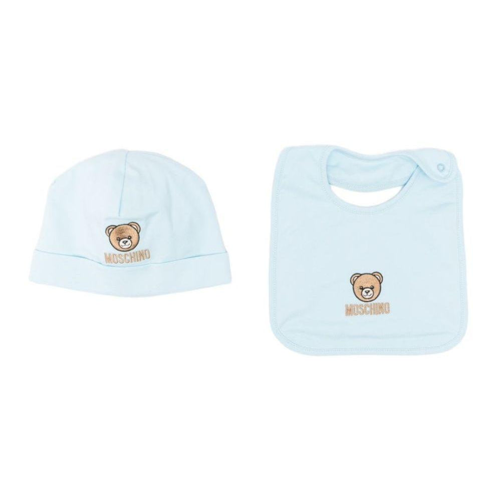 Set cappello e bavaglino per neonato Moschino Kids azzurro con ricamo Teddy Bear MRY03ELAA23 40304 MOSCHINO KIDS