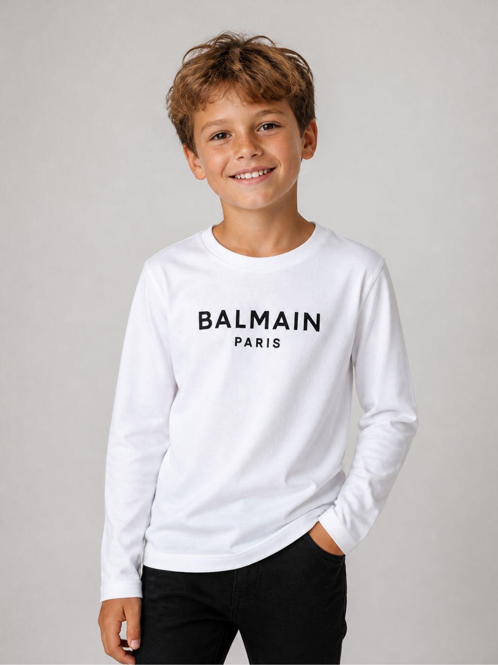 T-shirt per bambino Balmain Kids bianca con dettaglio logo sul davanti BZ8I20 Z3672 100NE BALMAIN KIDS