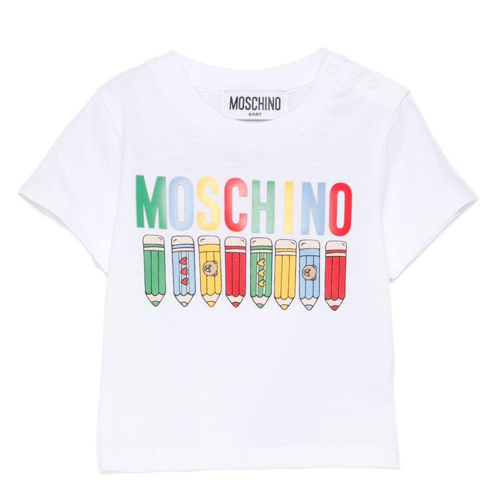 T-shirt per neonato Moschino Kids bianco con stampa matite MWM047LAA01 10101 MOSCHINO KIDS