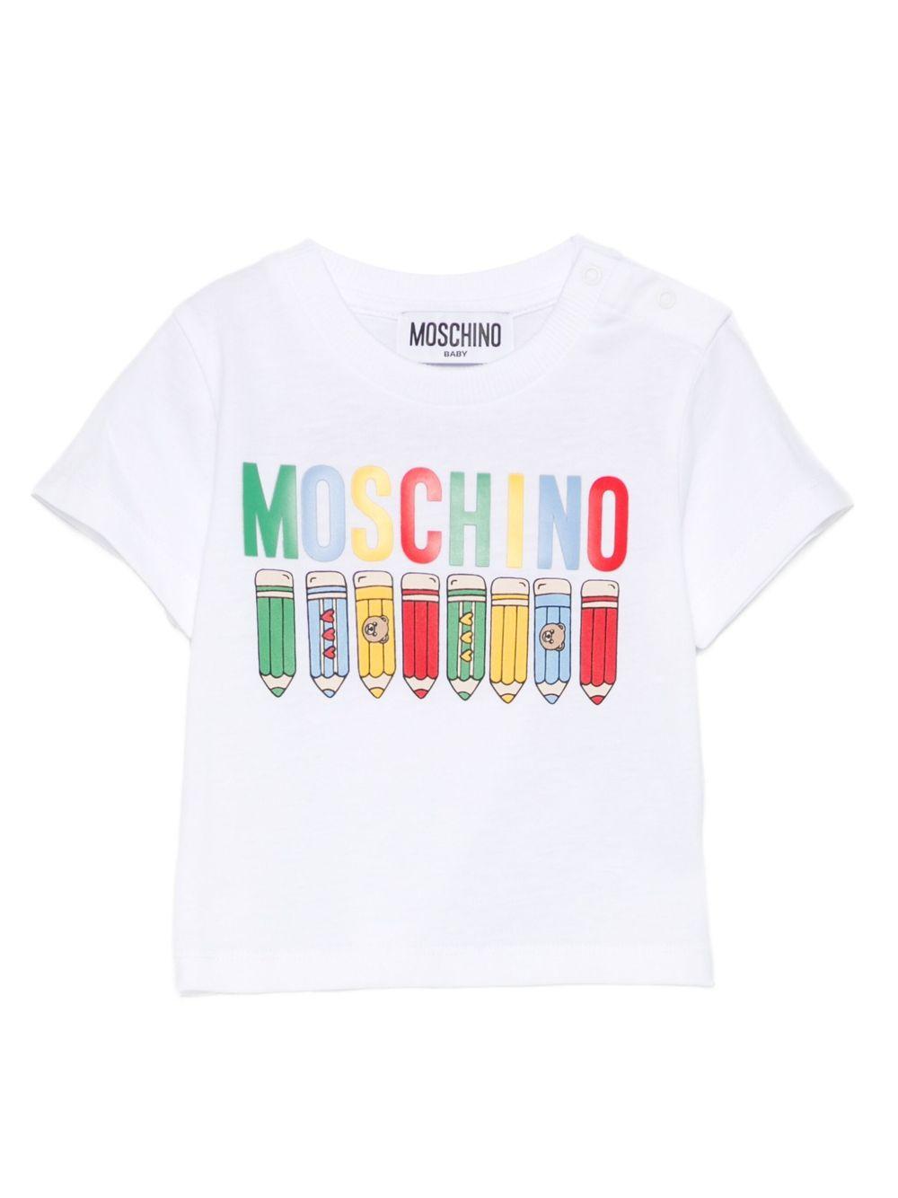 T-shirt per neonato Moschino Kids bianco con stampa matite MWM047LAA01 10101 MOSCHINO KIDS