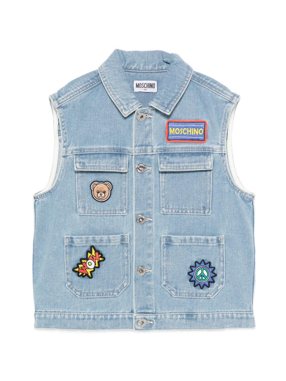 Gilet per bambino Moschino Kids in denim con applicazione HUN001L0E37 41100 MOSCHINO KIDS
