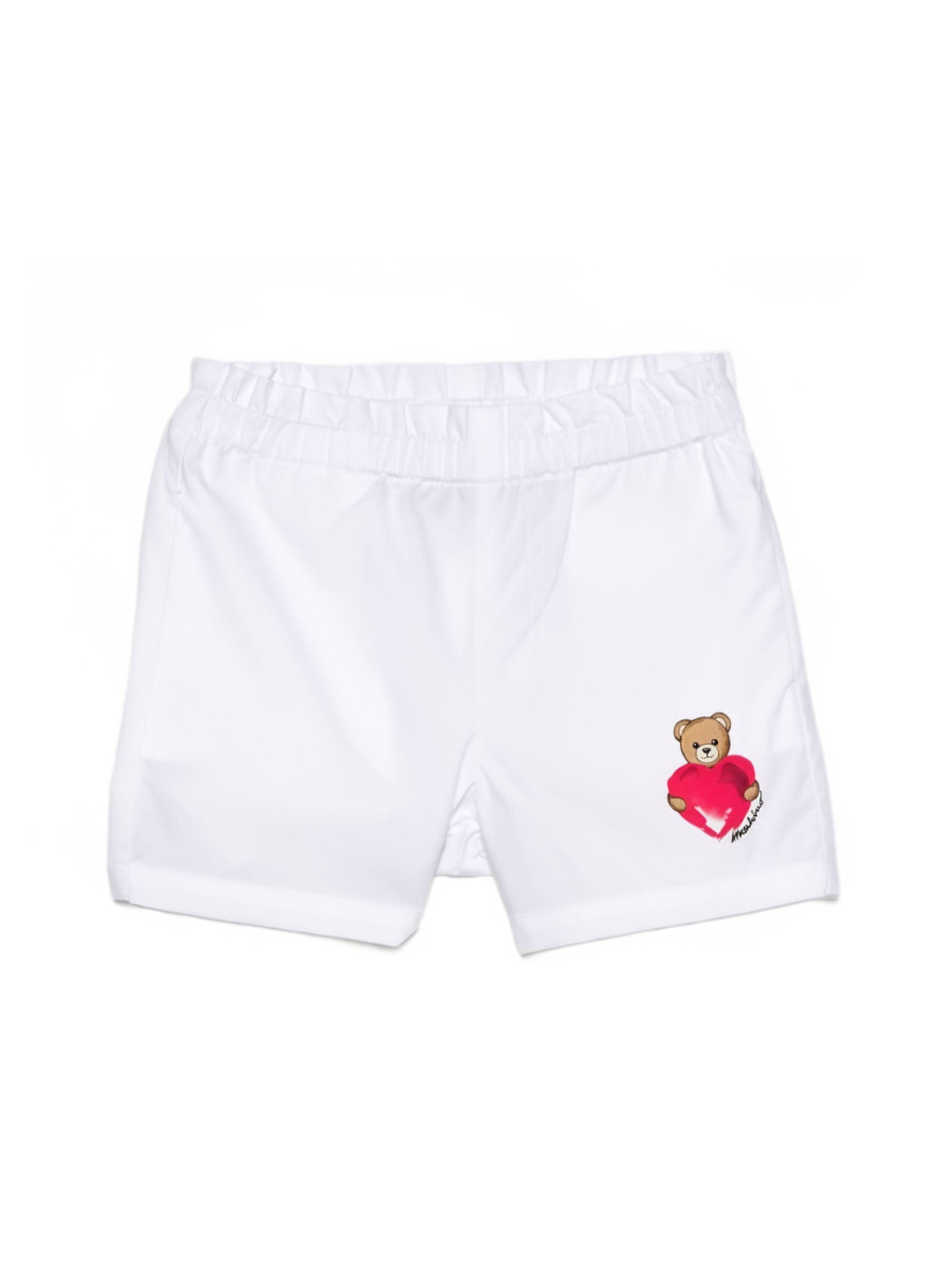 Shorts per neonata Moschino Kids bianchi con stampa Teddy Bear sul davanti MDQ00FLLA10 10101 MOSCHINO KIDS