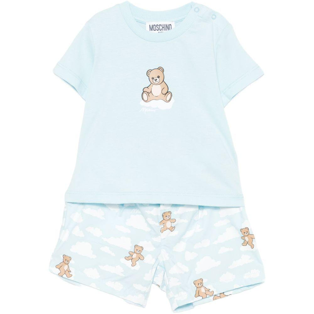 Set T-shirt e shorts per neonato Moschino Kids azzurro con stampa nuvole MUG01QLLB61 83679 MOSCHINO KIDS