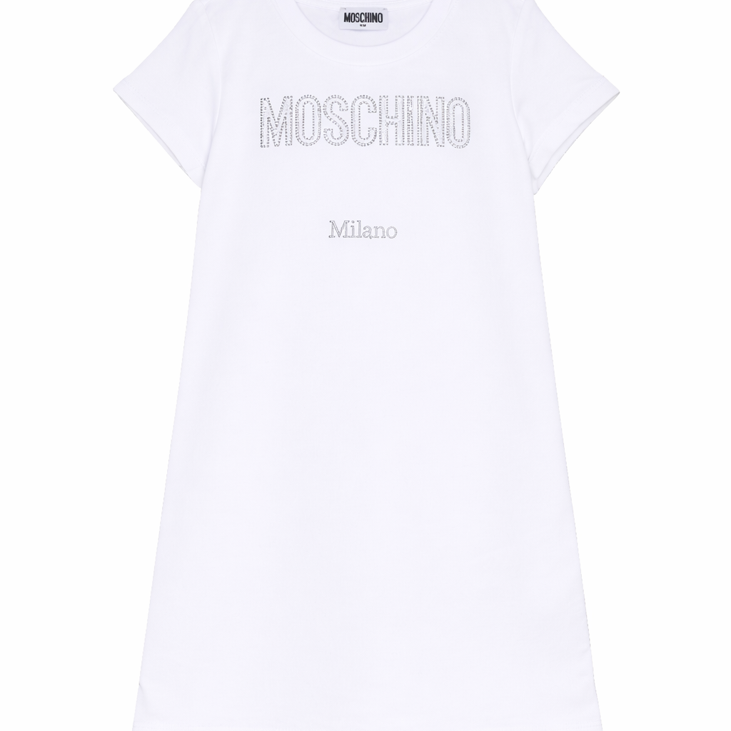 Abito per bambina Moschino Kids bianco con logo in strass HDV0HYLDA25 10101 MOSCHINO KIDS
