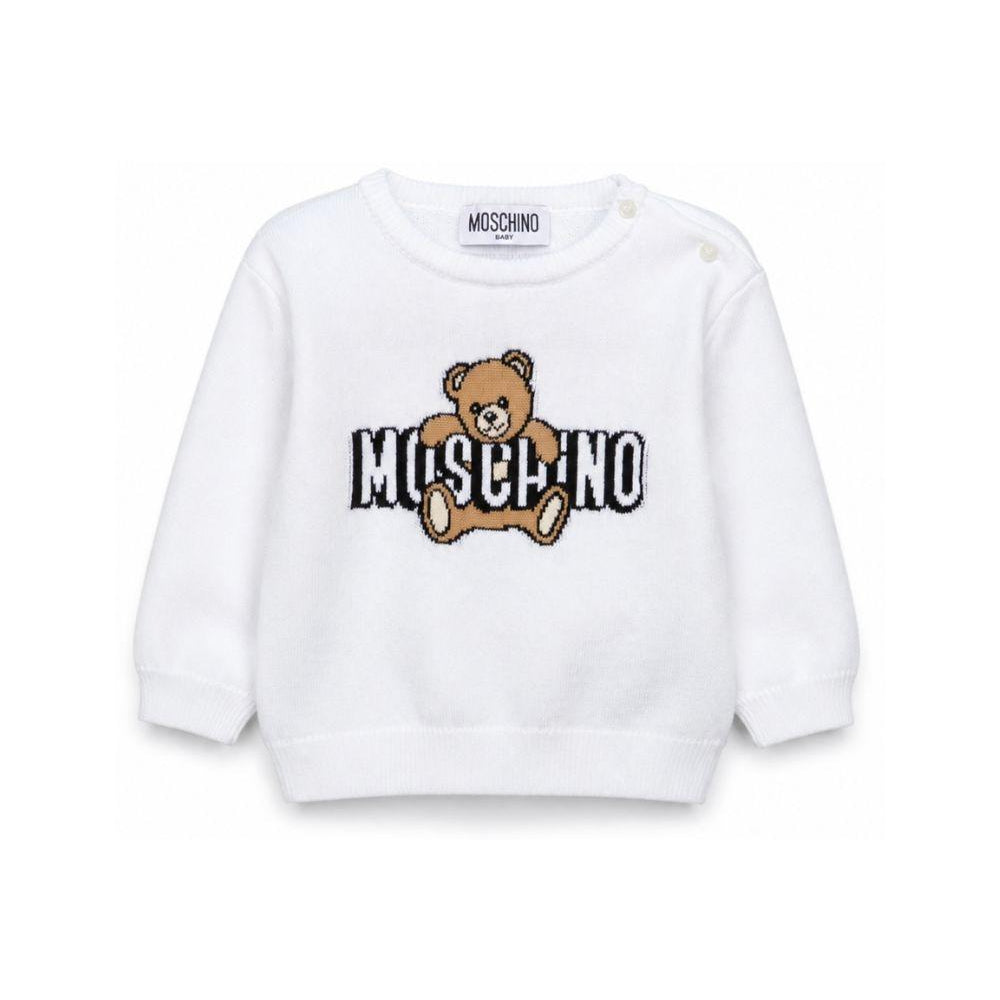 Maglione per neonati Moschino Kids bianca con logo ricamato sul davanti M8W00JLHE62 10101 MOSCHINO KIDS