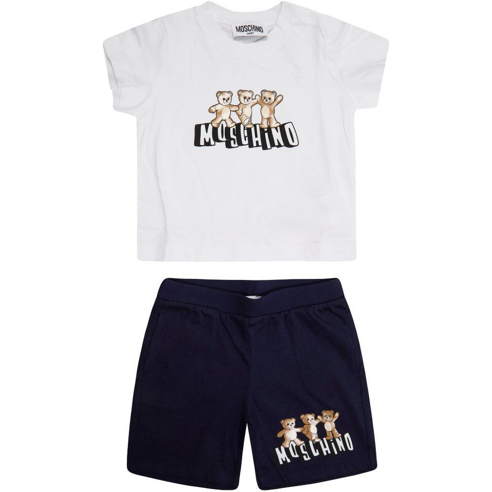 Set t-shirt e shorts per neonato Moschino Kids bianco e nero con stampa Teddy MXG00MLAA17 83240 MOSCHINO KIDS