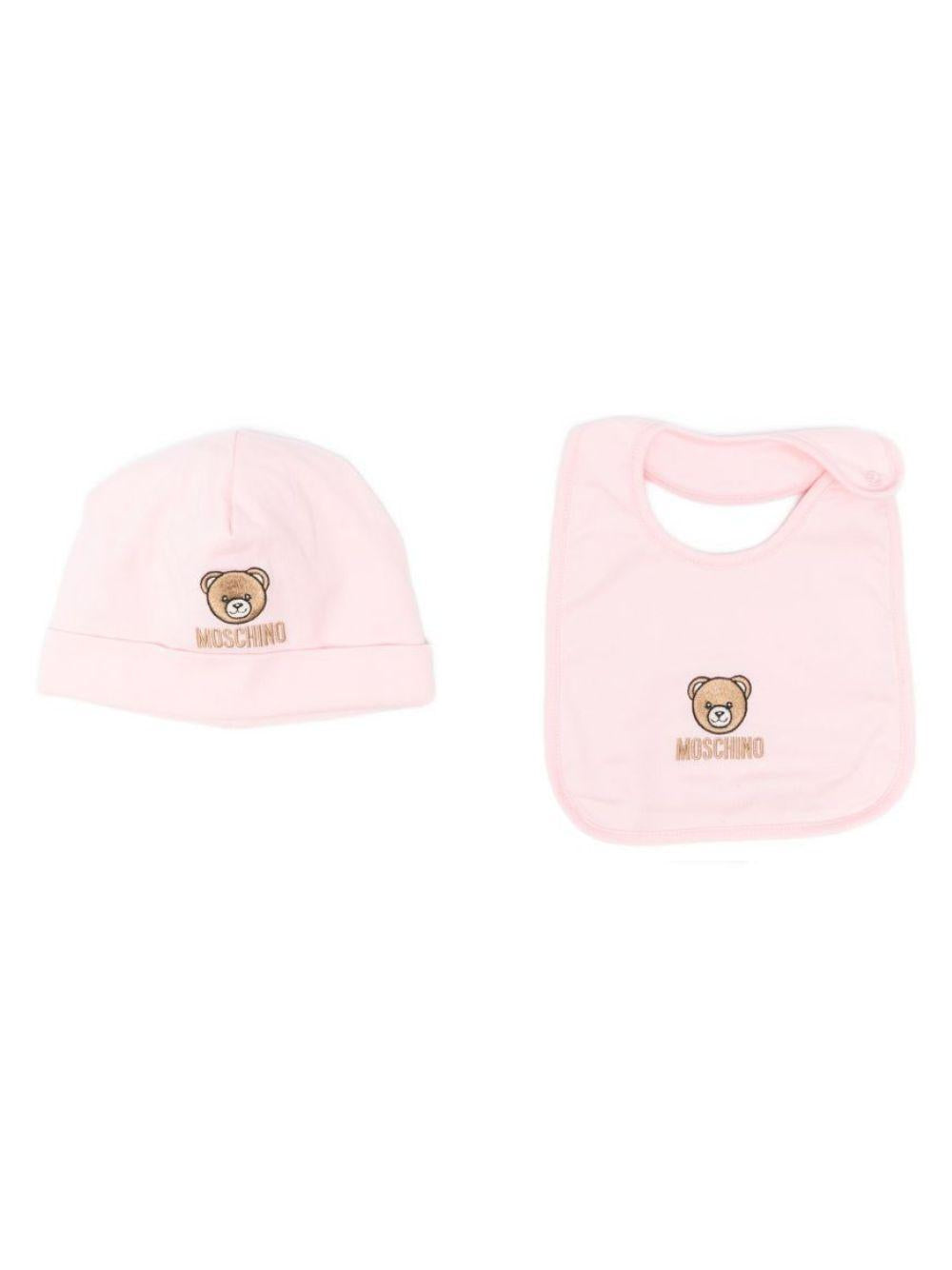 Set cappello e bavaglino per neonata Moschino Kids rosa con ricamo Teddy Bear MRY03ELAA23 50209 MOSCHINO KIDS
