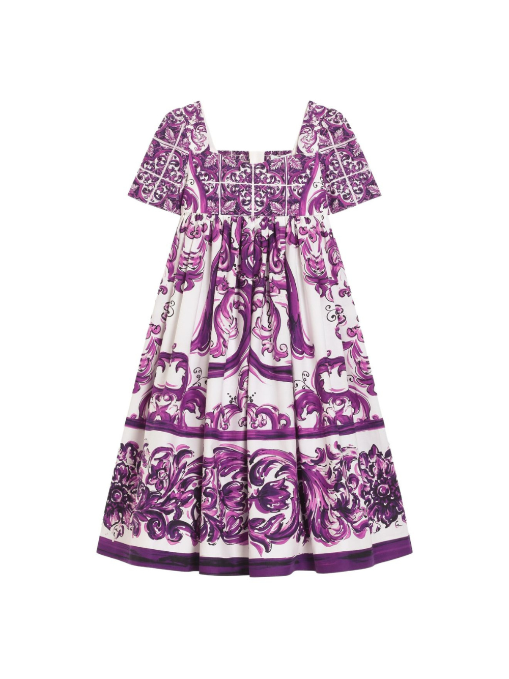 Abito per bambina Dolce & Gabbana Kids viola in popeline con stampa maioliche L54DH3 FI5JP HP5DQ DOLCE & GABBANA KIDS