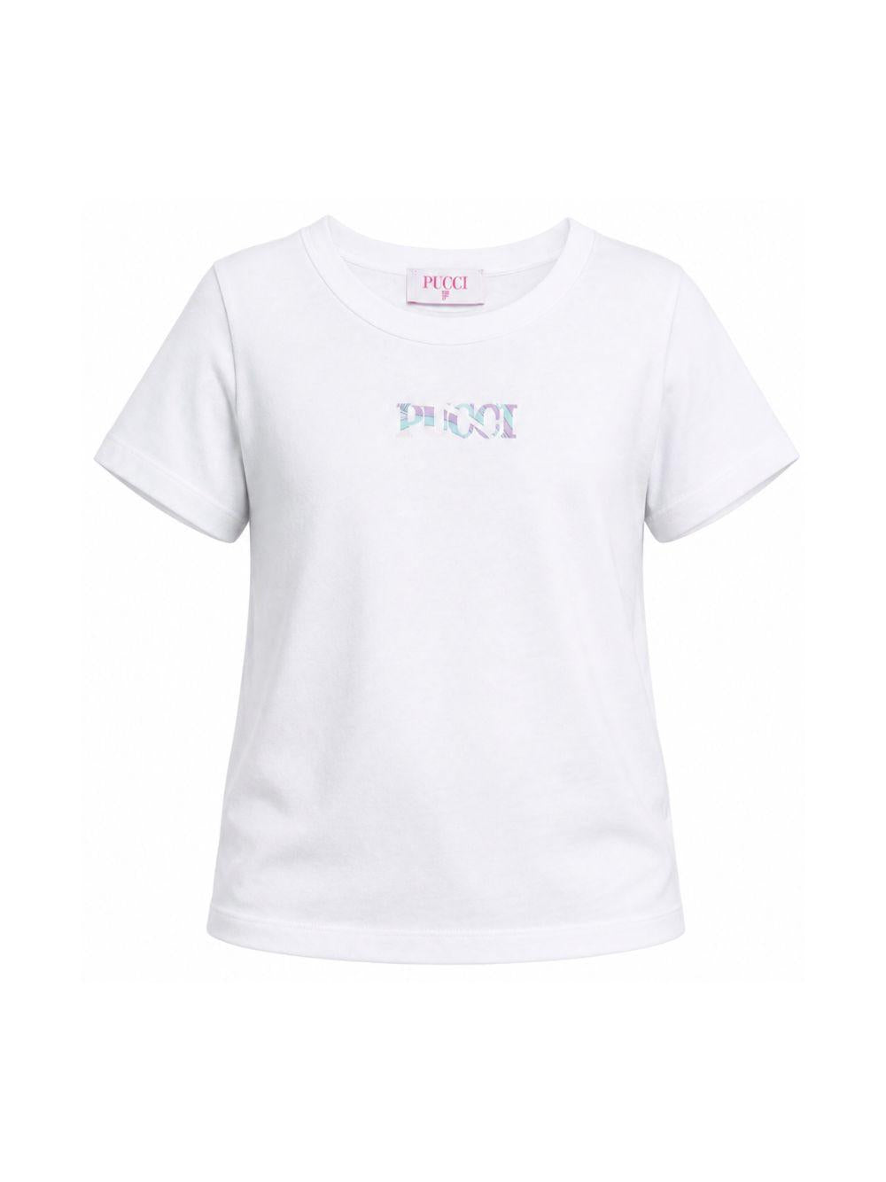 T-shirt per bambina Emilio Pucci Junior bianca con dettaglio logo con motivo Iride PZ8A21 Z3672 100 EMILIO PUCCI KIDS