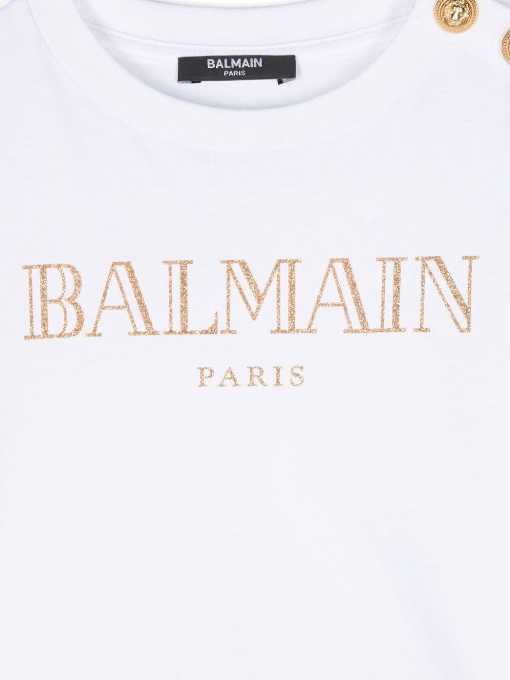 T-shirt con logo glitter per bambina Balmain Kids bianco con girocollo BV8B71 Z0082 100OR BALMAIN KIDS