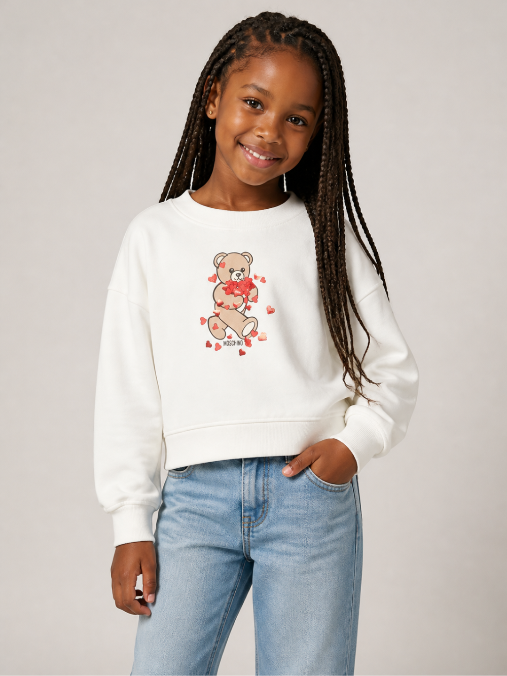 Felpa per bambina Moschino Kids bianca con dettaglio Teddy Bear HBF06GLDA63 10063 MOSCHINO KIDS