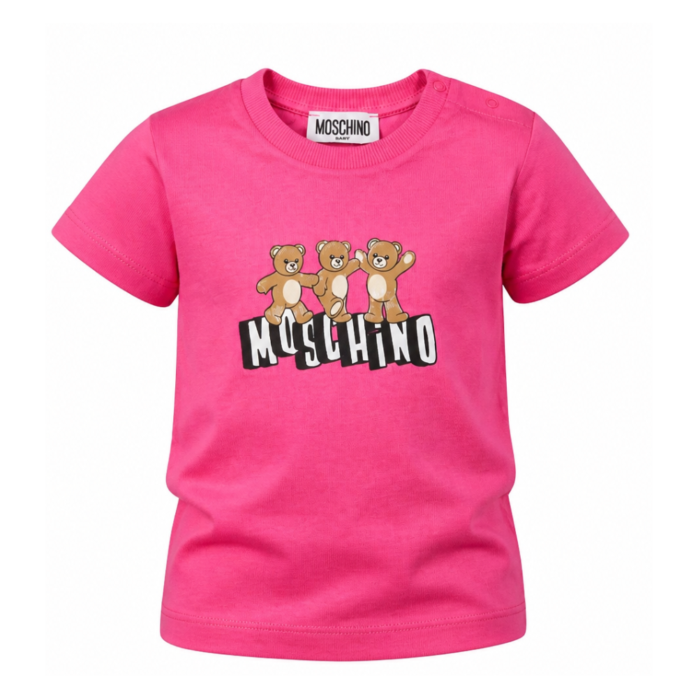 T-shirt per neonati Moschino Kids fucsia con stampa tre Teddy Bear sul davanti MUM04KLAA17 50533 MOSCHINO KIDS